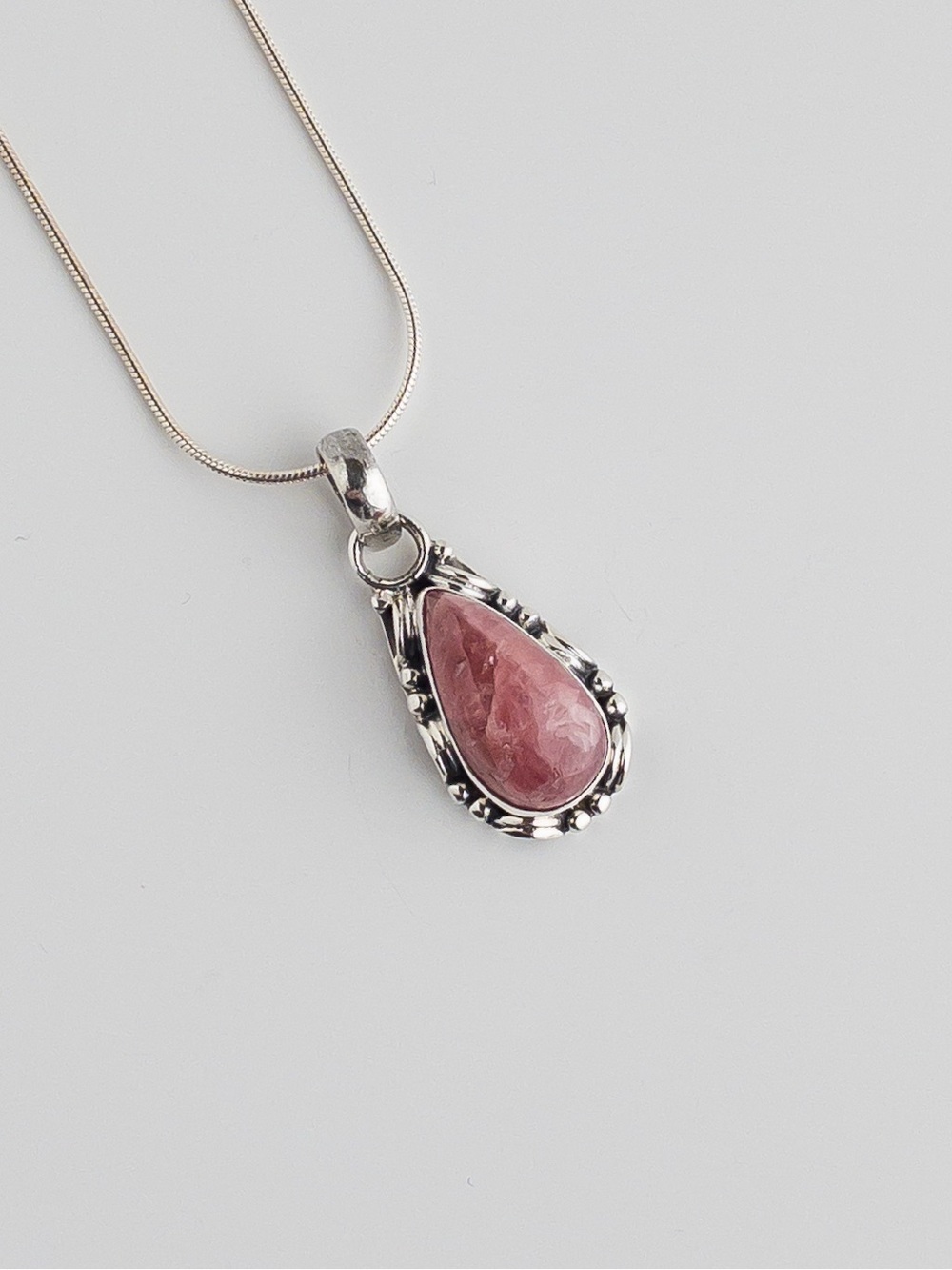 Vintage Sterling Silver Rhodochrosite Teardrop Pendant Necklace 925 Pink - Picture 9 of 11